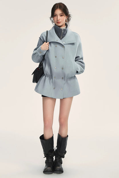 Blue Oversized Dropped Shoulder Double-Breasted Woolen Jacket
