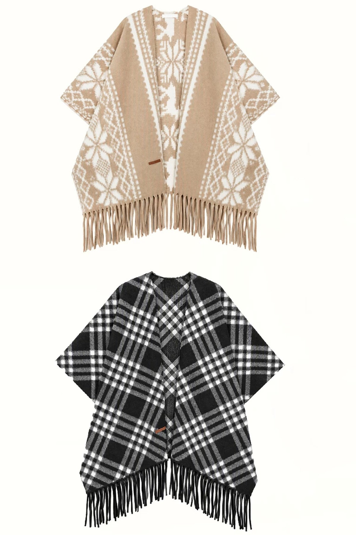 Khaki Fair Isle Jacquard Long Tassel Cape