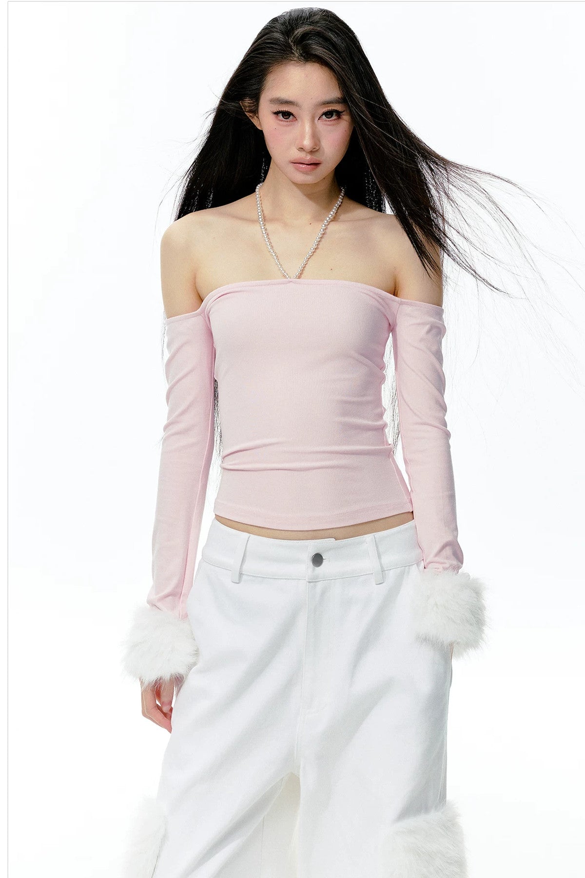 Pearl Halter Detachable Fur Knit Top
