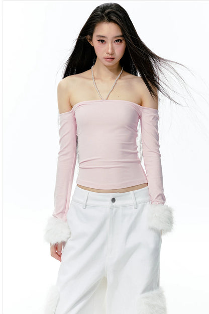 Pearl Halter Detachable Fur Knit Top