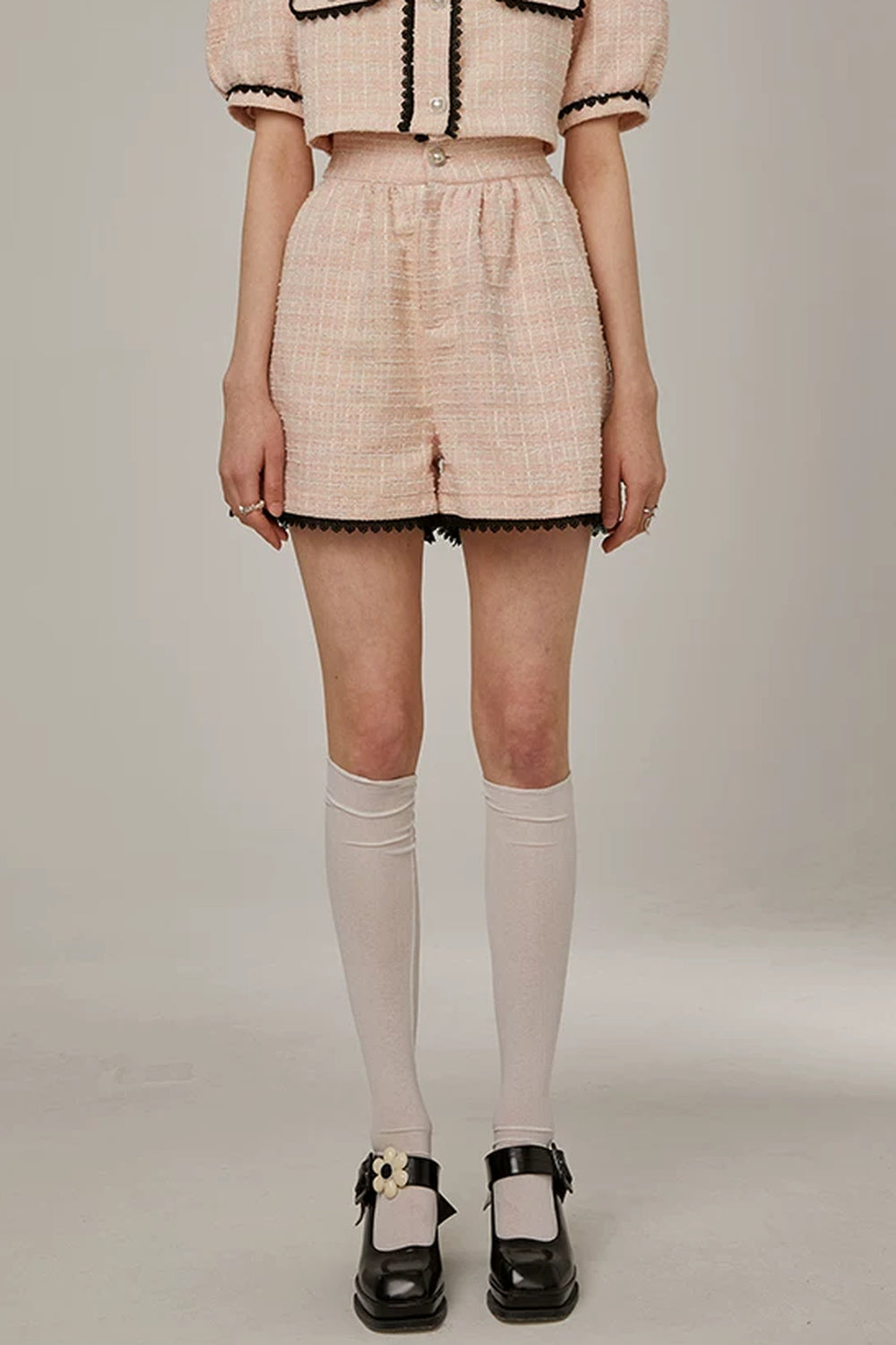 High-Waisted Lace Trim Tweed Shorts