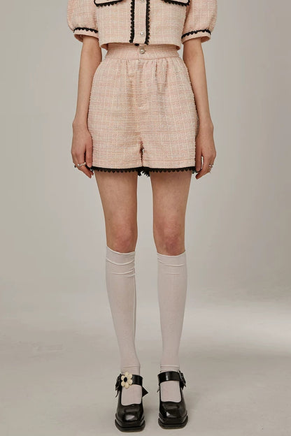 High-Waisted Lace Trim Tweed Shorts