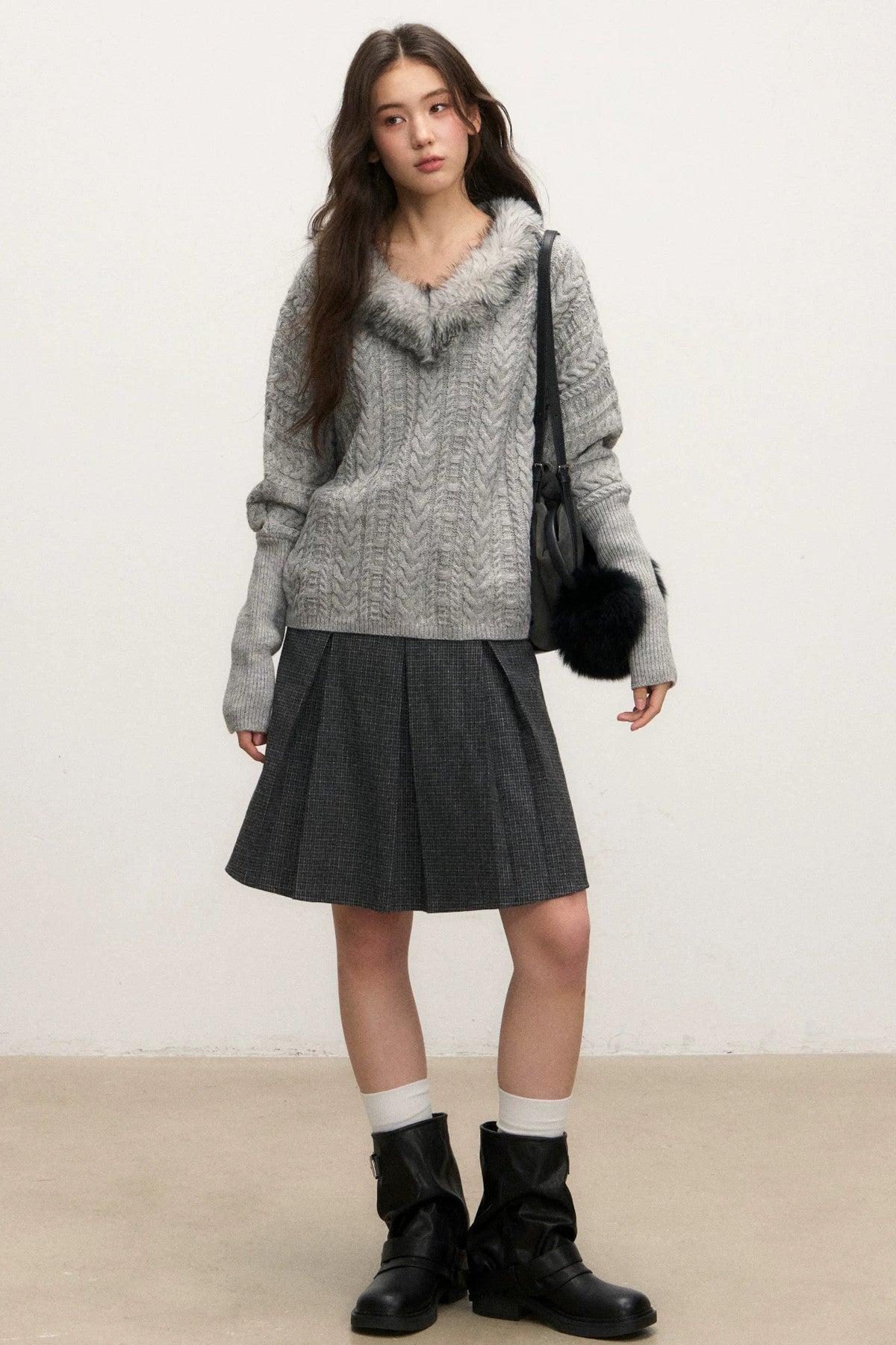 Fur Collar Knit Top and Skirt Set-Up