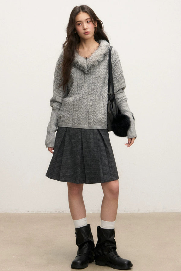 Fur Collar Knit Top and Skirt Set-Up