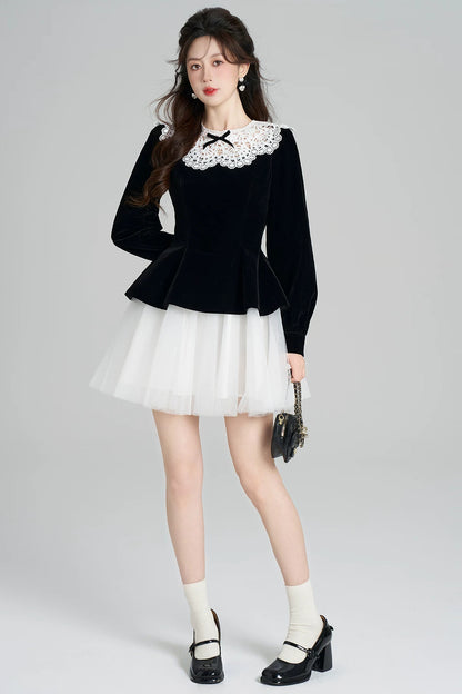 Black Velvet Lace Mesh Dress