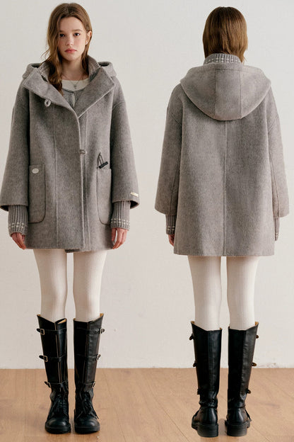 Hooded Horn Button Wool Coat