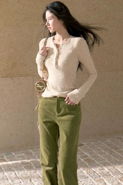 Wool Blend Sequin Lace Trim Top
