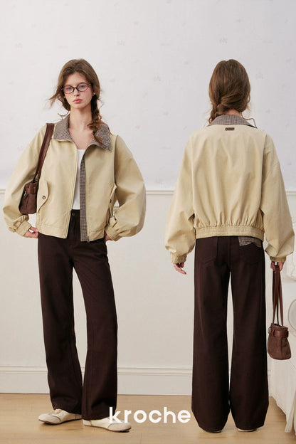 Mid-Waist Straight-Leg Plaid Bow Jeans
