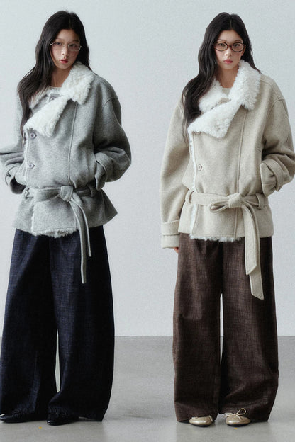 Plush Lapel Woolen Tie-Up Jacket
