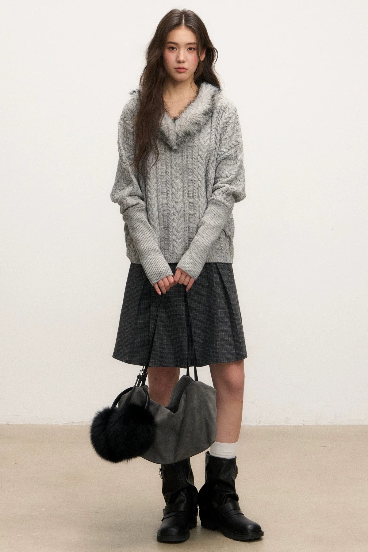 Fur Collar Knit Top and Skirt Set-Up