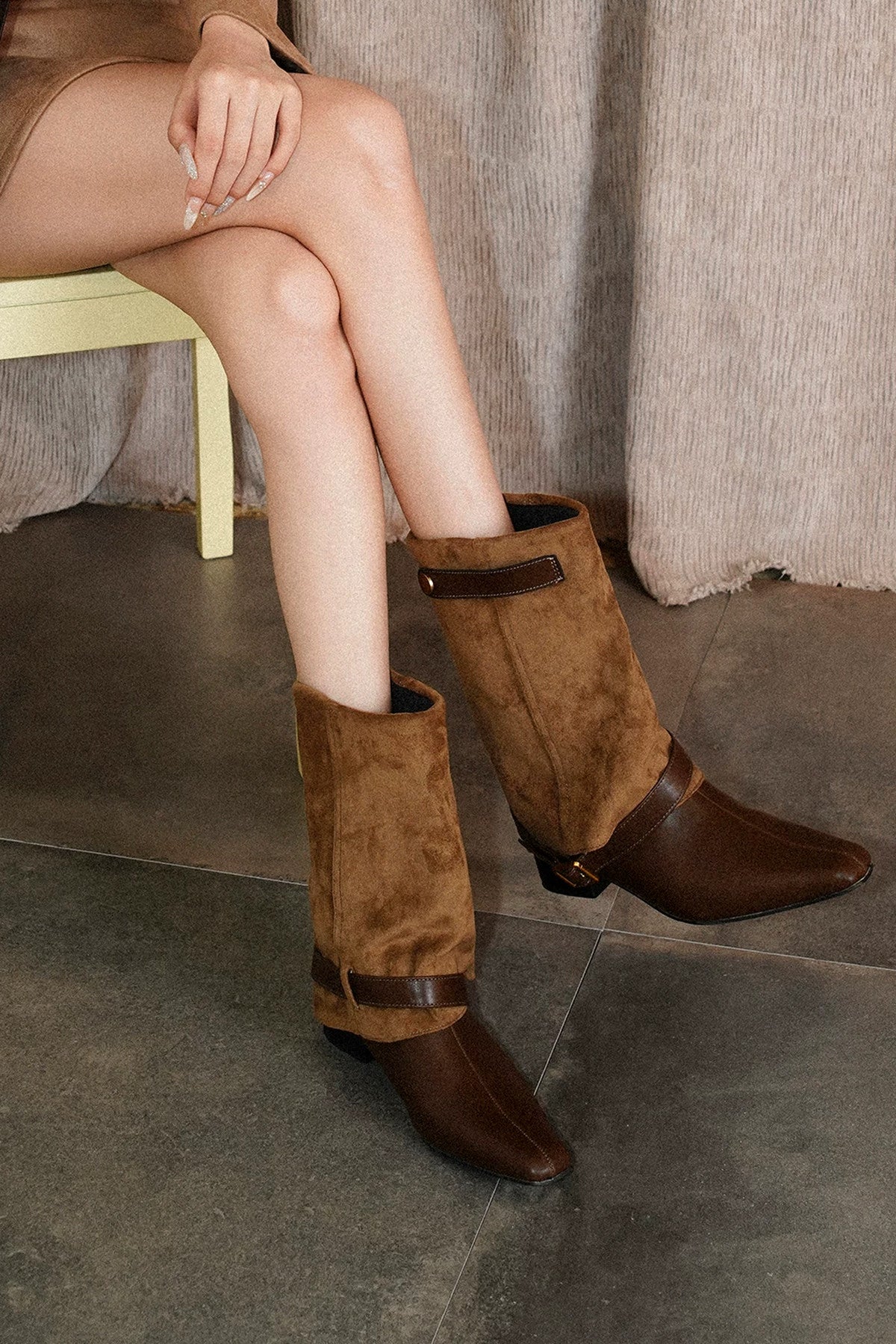 Chunky Heel Suede Belt Buckle Riding Boots