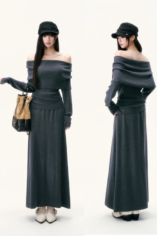 One-Shoulder Wool Knit Top and Long Skirt Set