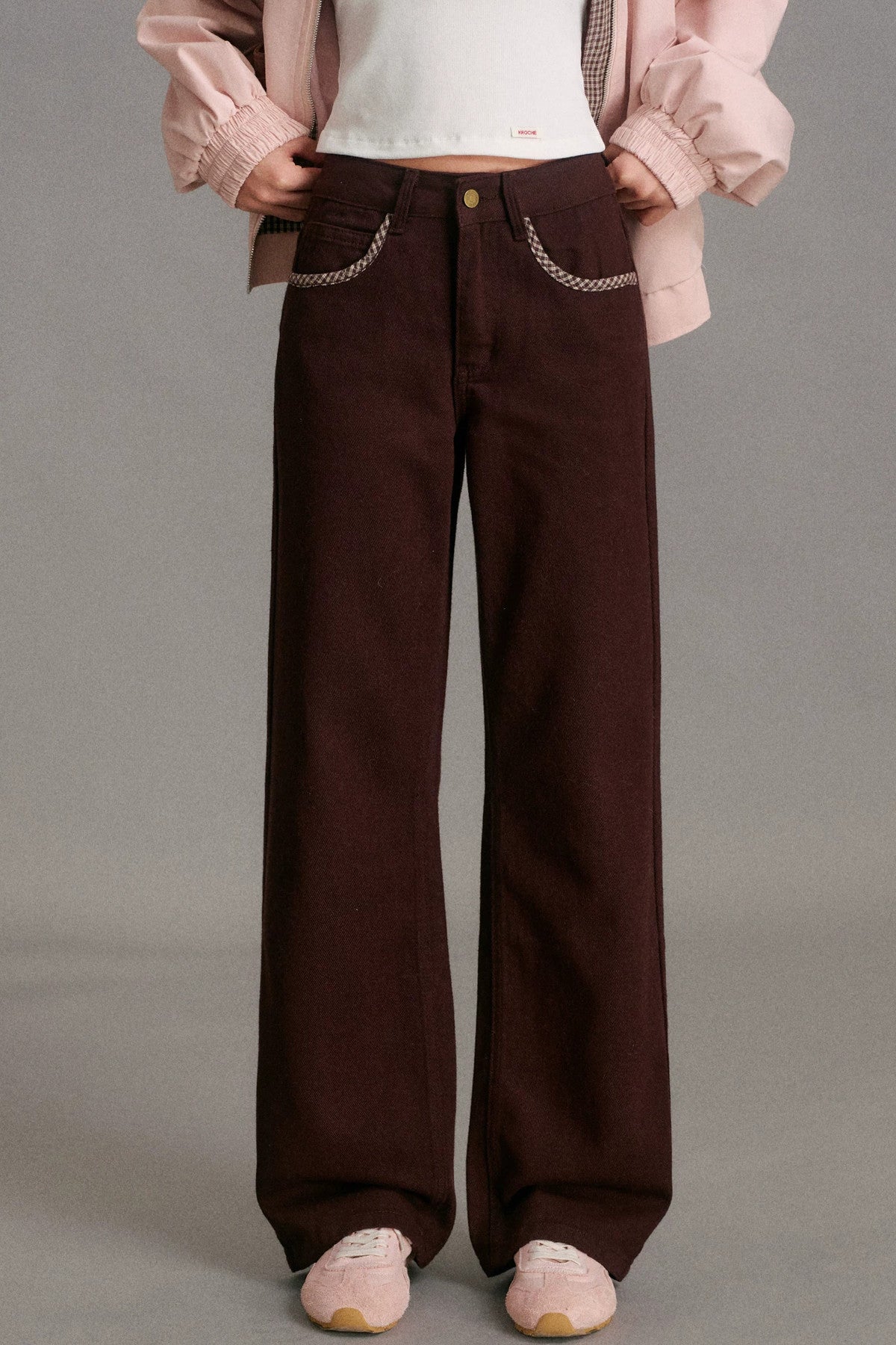 Mid-Waist Straight-Leg Plaid Bow Jeans