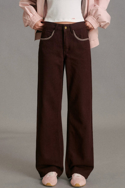 Mid-Waist Straight-Leg Plaid Bow Jeans