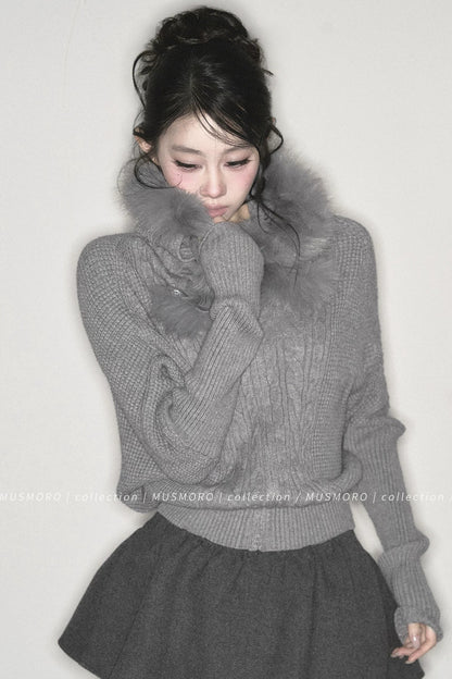 3D Twist Knit Hooded Cardigan