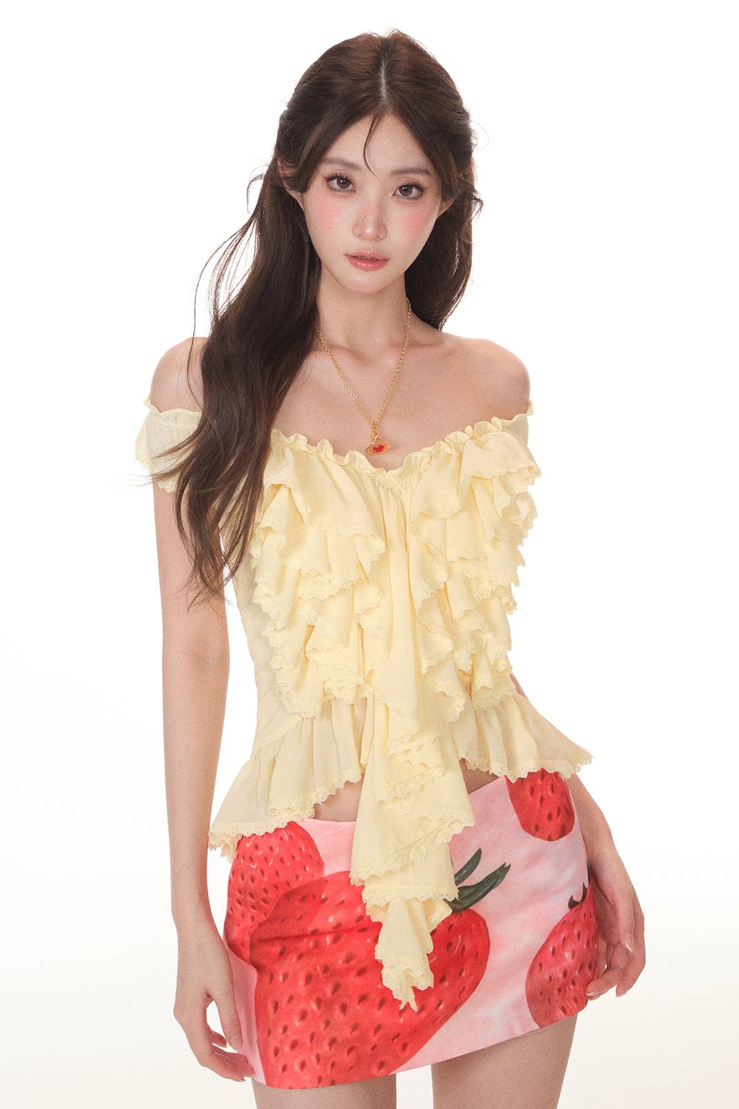 Yellow Ruffle Halter Top and Strawberry Skirt Set-Up