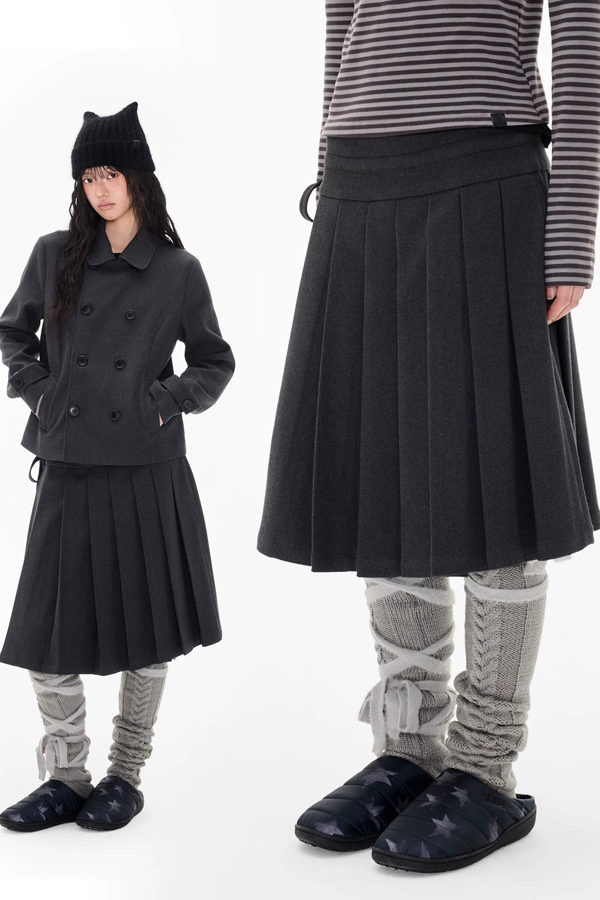 Double-Breasted Wool Coat and Pleated Skirt Set