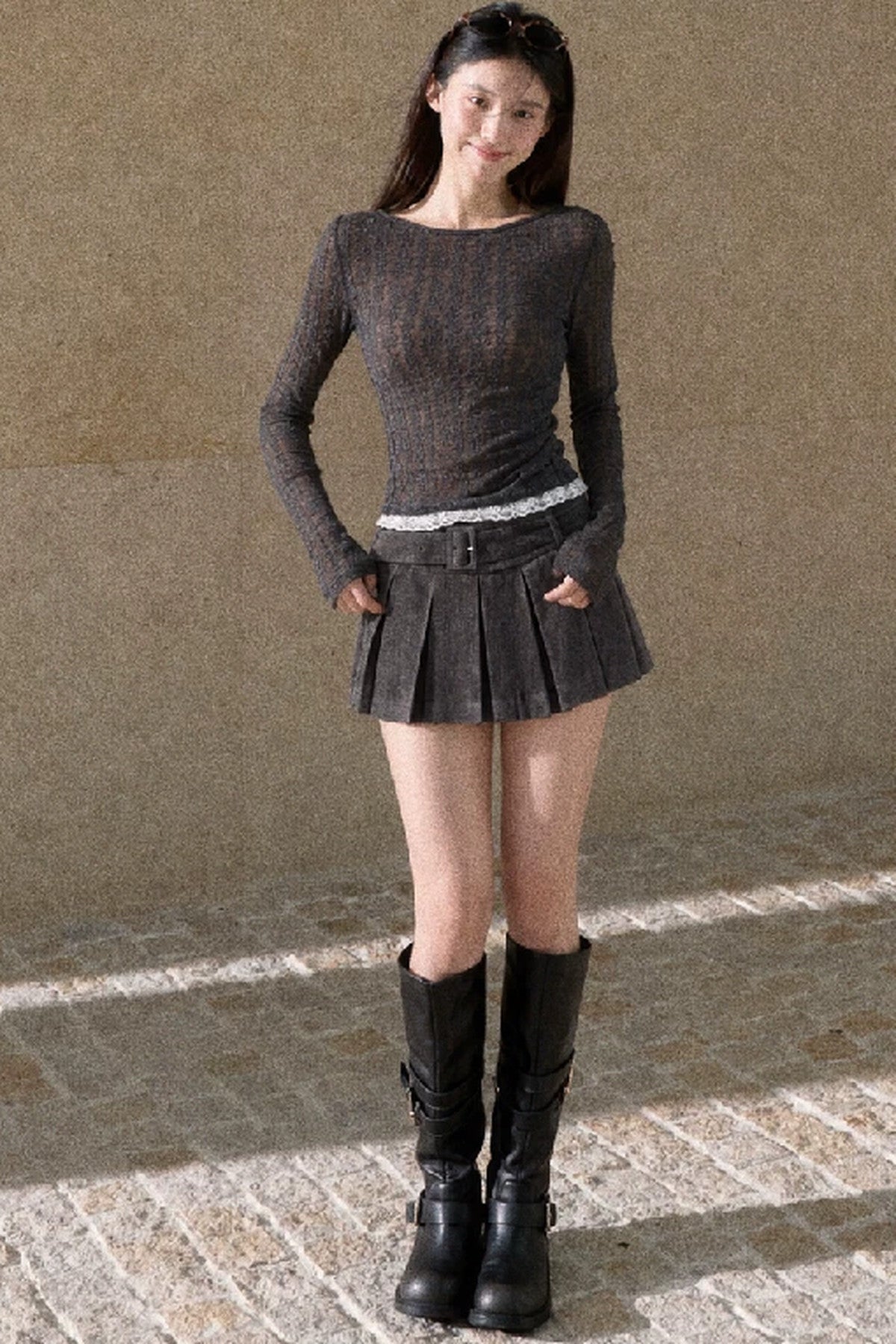 Wool Jacquard Lace Trim Color-Block Knit Top