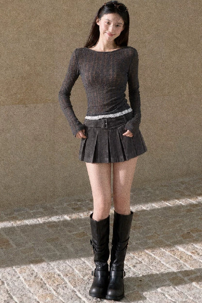 Wool Jacquard Lace Trim Color-Block Knit Top