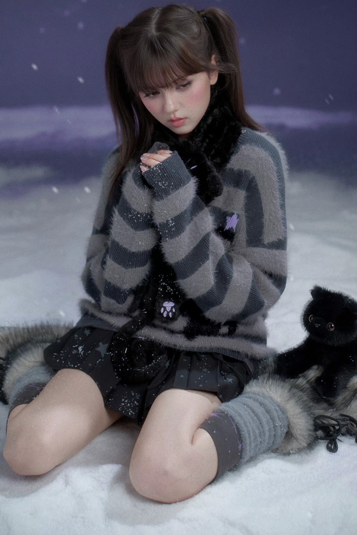 Halloween Meow Black Gray Striped Sweater With Scarf