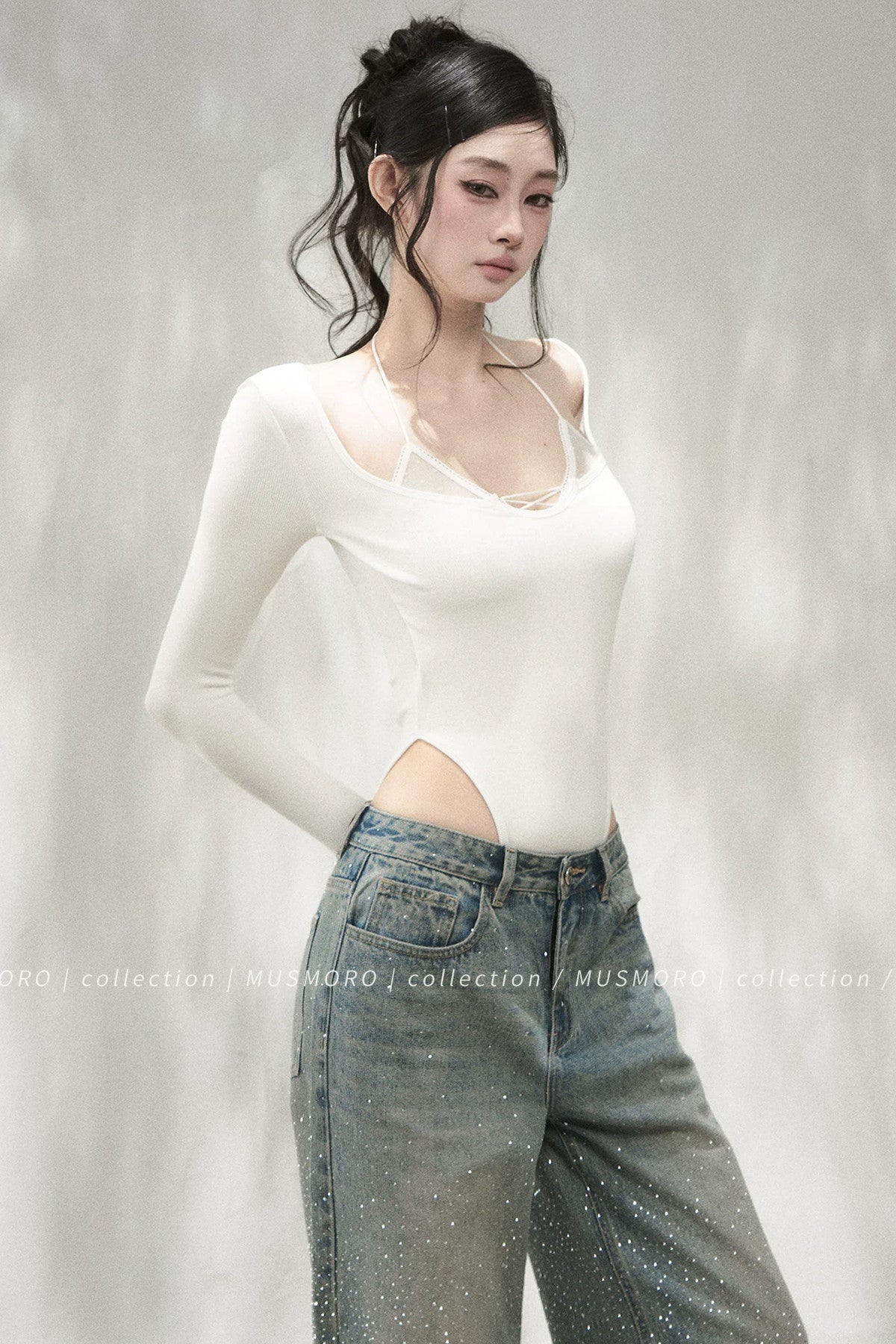 Polka Dot Mesh Lace-Up Knit T-Shirt