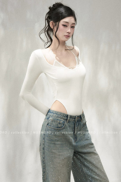 Polka Dot Mesh Lace-Up Knit T-Shirt