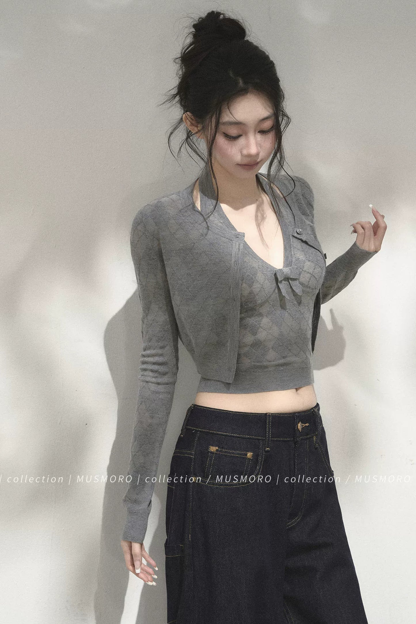 Grey Argyle Knit Cardigan With Camisole Set-Up