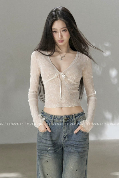 V-Neck Bow Tie Lace Top