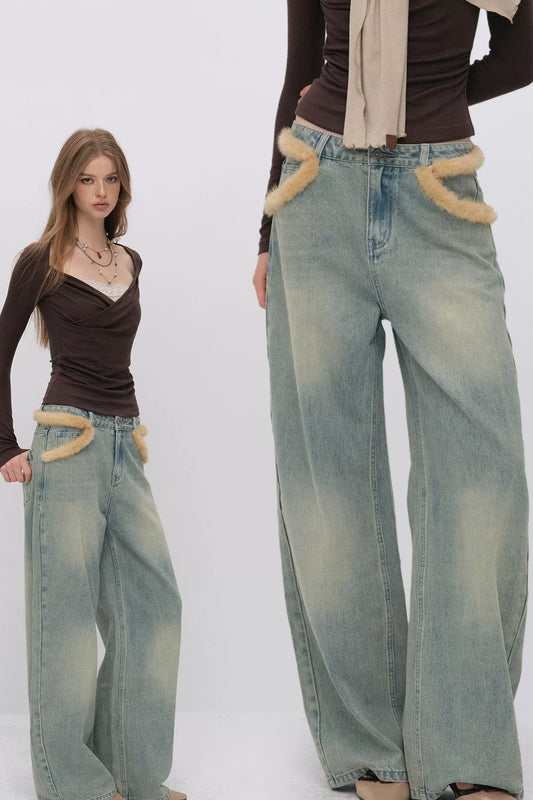 Fur Patch Wide-Leg Jeans