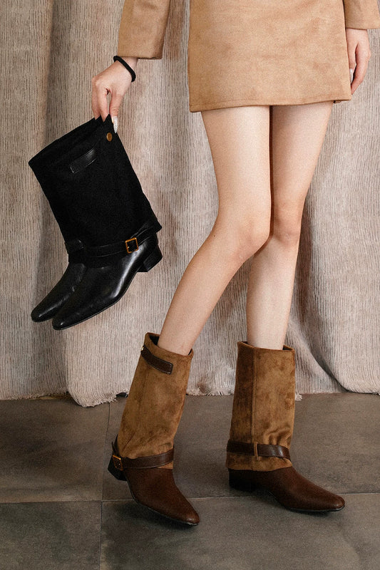 Chunky Heel Suede Belt Buckle Riding Boots