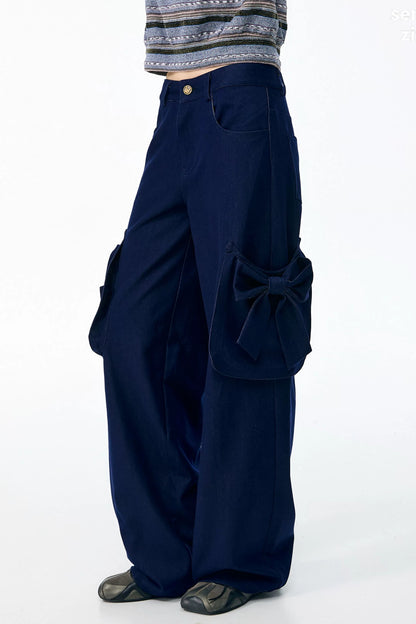 High-Waisted Bow Pocket Wide-Leg Pants