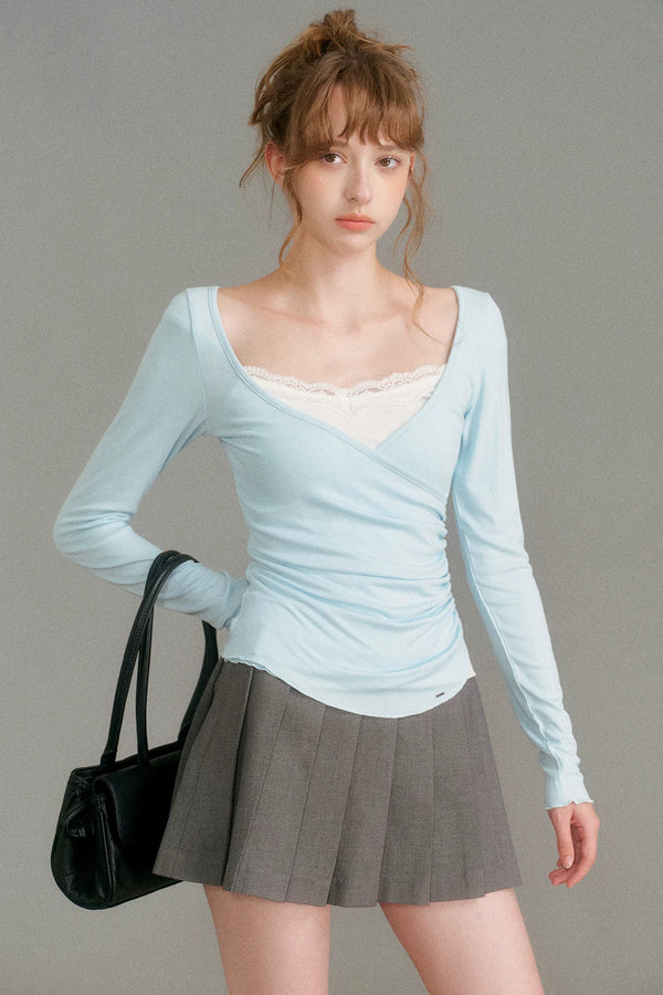 Layered-Look Lace Camisole Cross V-Neck T-Shirt