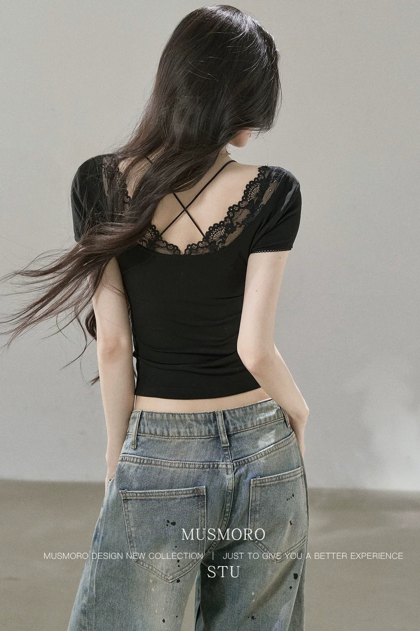 Lace Cuff Deep V-Neck Top