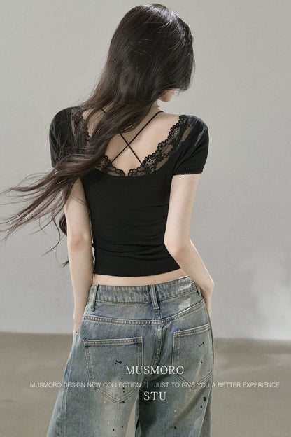 Lace Cuff Deep V-Neck Top