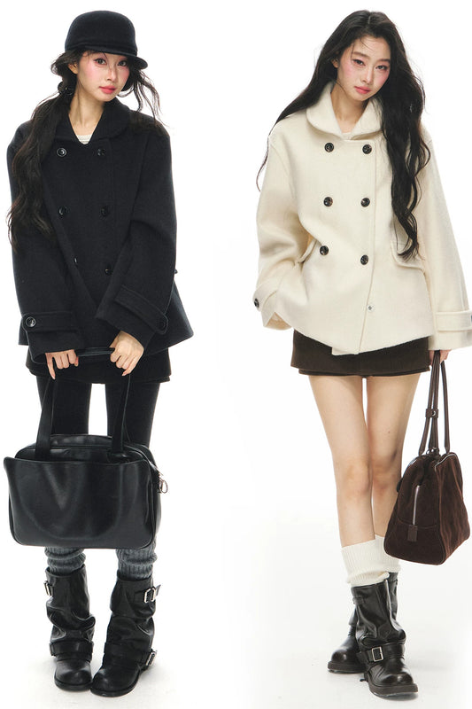 Black Wool Doll Collar Coat Set-Up