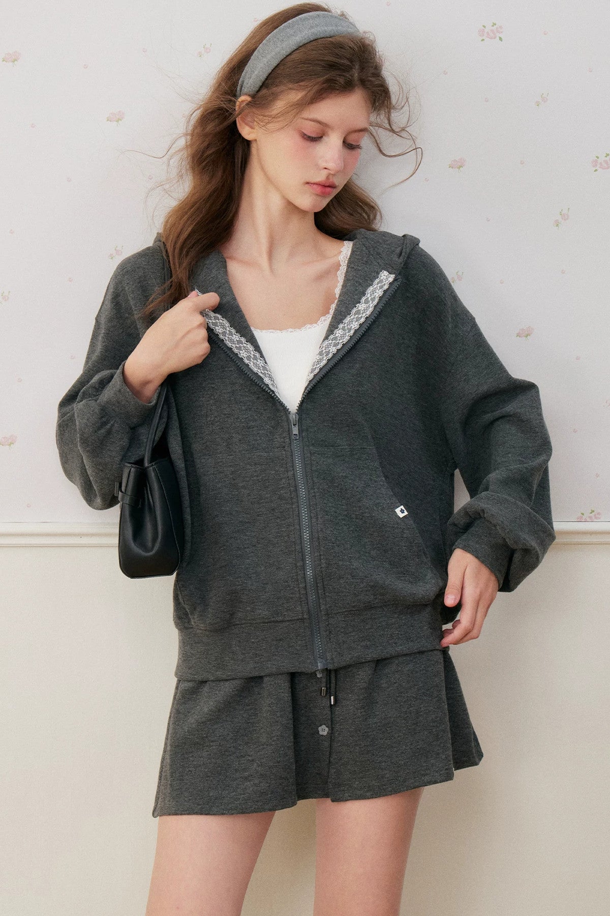 Lace Trim Hoodie And A-Line Skirt Set-Up