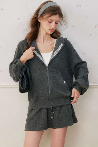 Lace Trim Hoodie And A-Line Skirt Set-Up