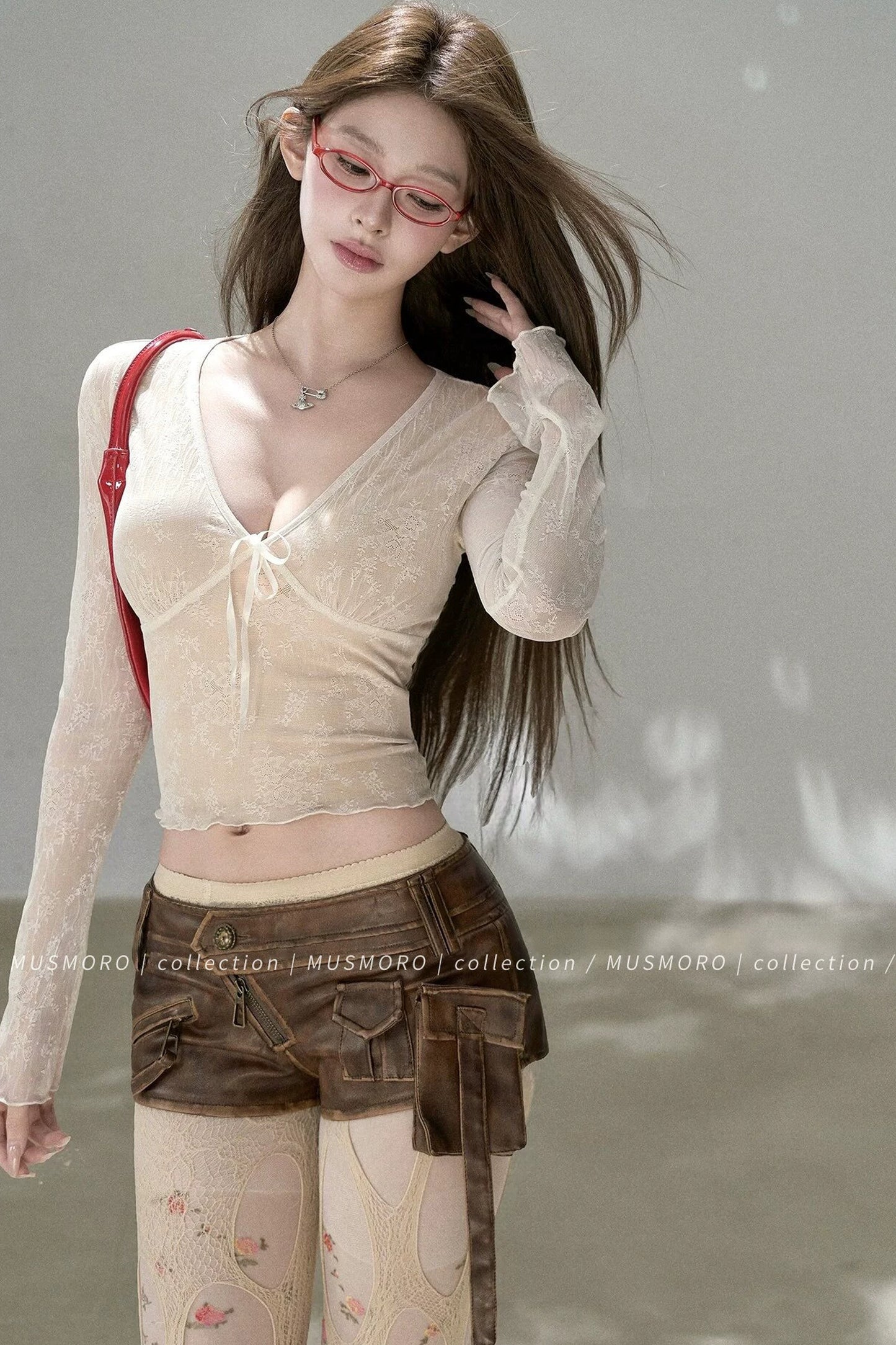 V-Neck Bow Tie Lace Top