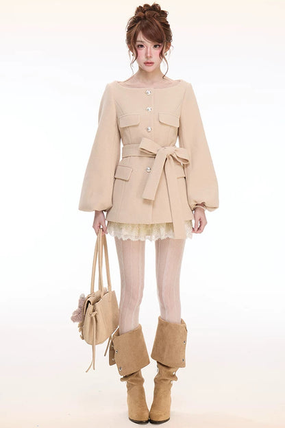 Lantern Sleeve Wool Coat & Lace Tiered Skirt Set-Up