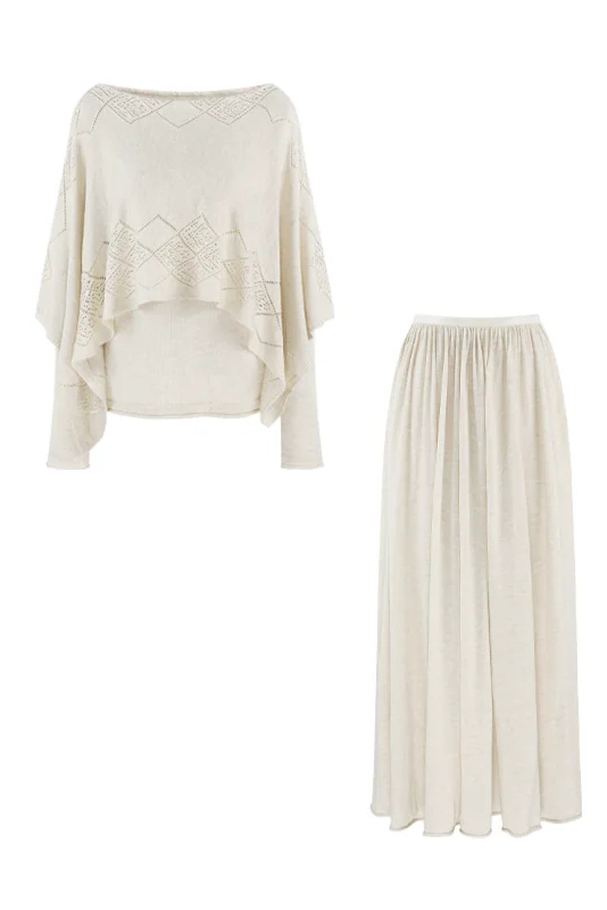 Three-Way Drape Collar Knit Shawl and Skirt Set
