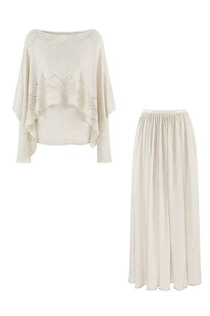 Three-Way Drape Collar Knit Shawl and Skirt Set