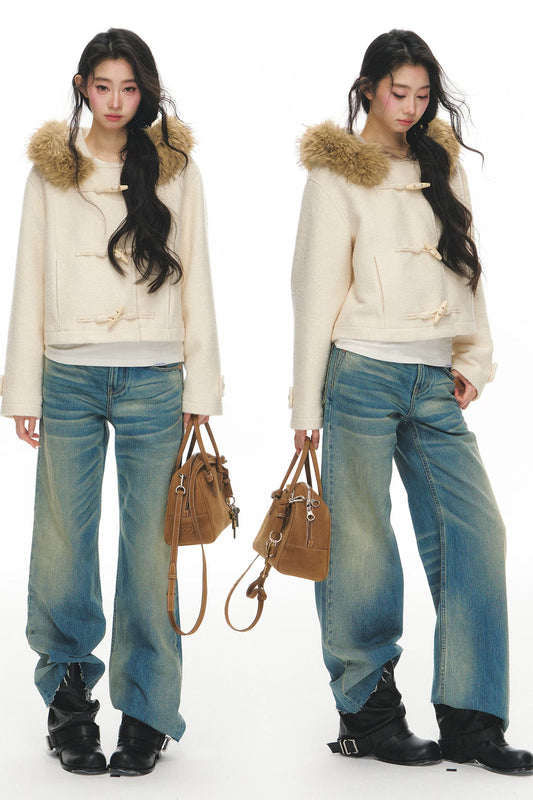 White Wool Hooded Jacket and Jeans Set-Up