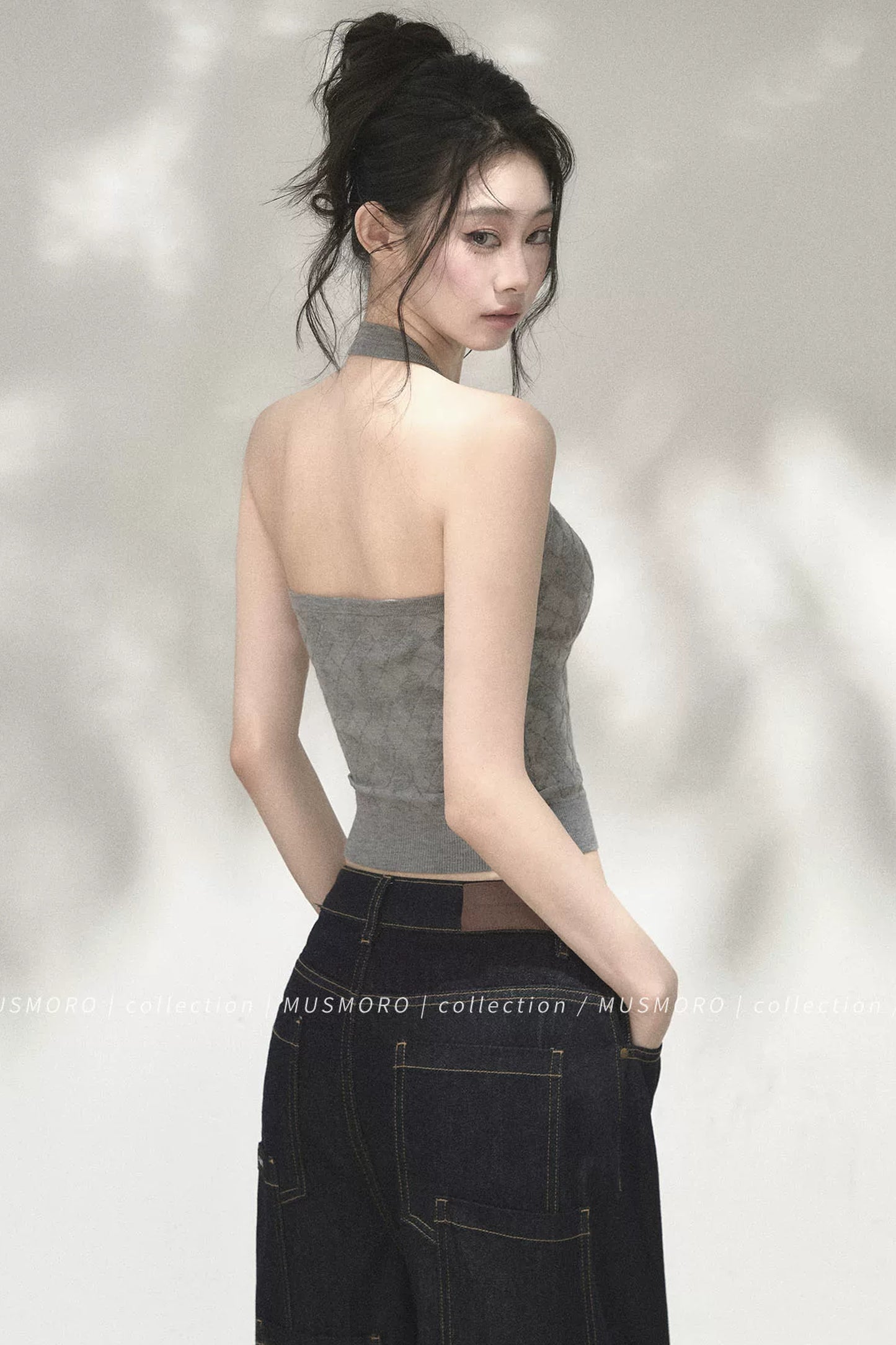 Grey Argyle Knit Cardigan With Camisole Set-Up