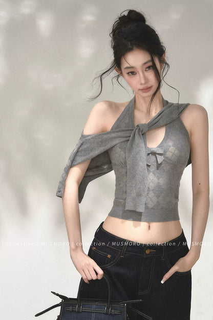 Grey Argyle Knit Cardigan With Camisole Set-Up