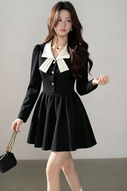 Hepburn Style Black Lapel Dress