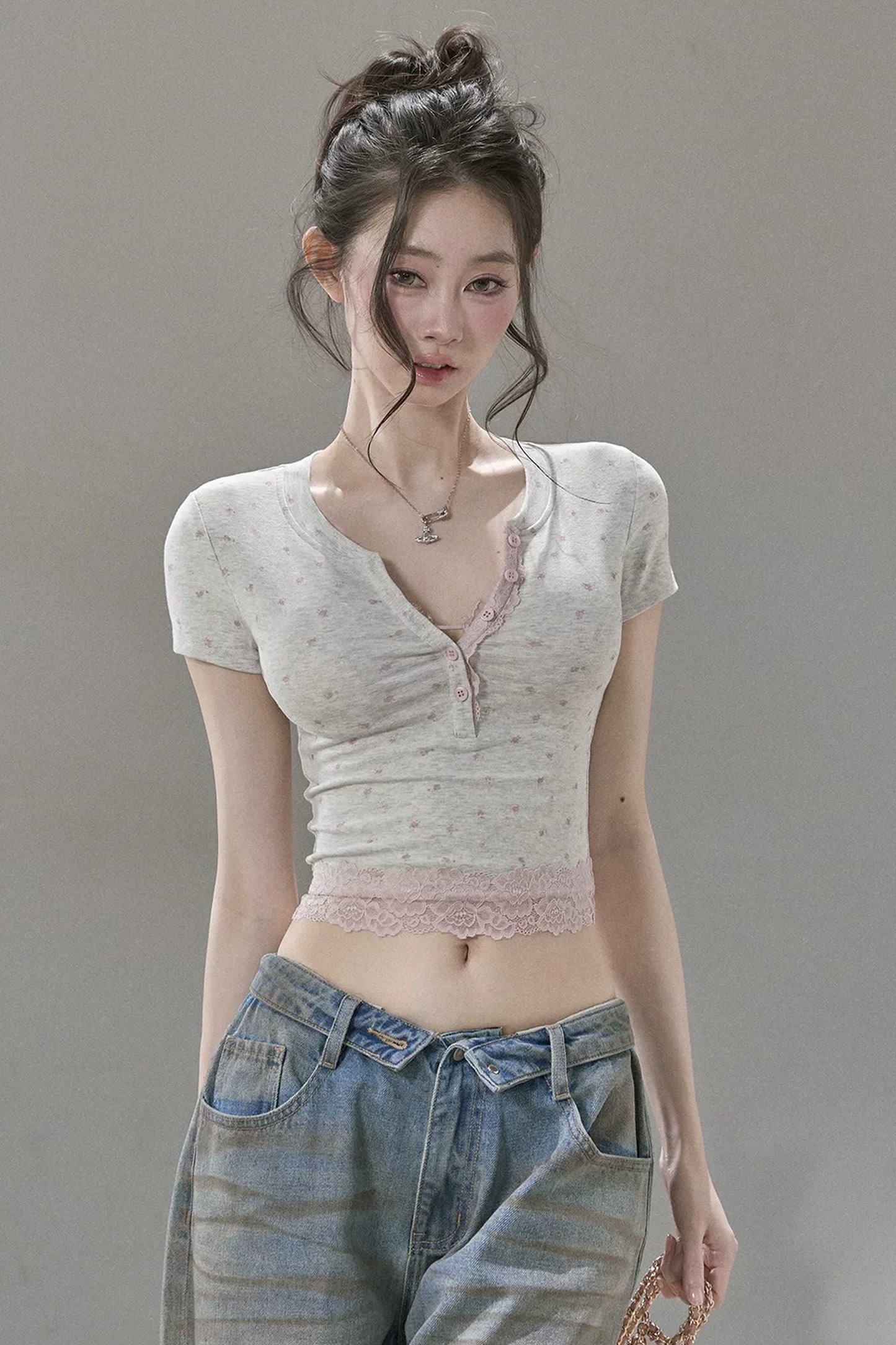 Floral Print Henley Lace Trim Top