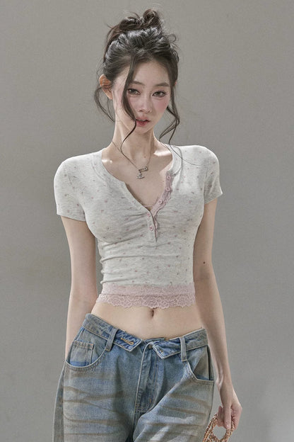 Floral Print Henley Lace Trim Top