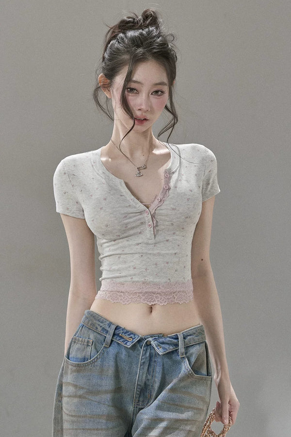 Floral Print Henley Lace Trim Top