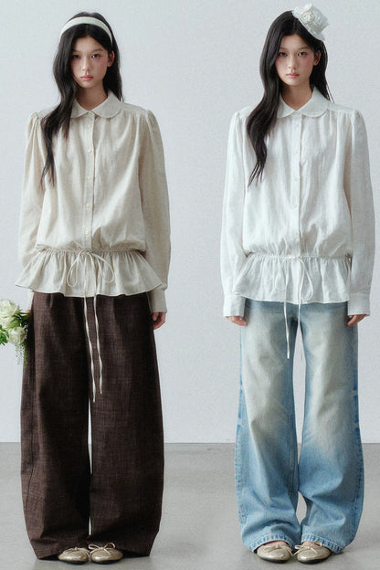 Low-Waist Ruffle Linen Shirt