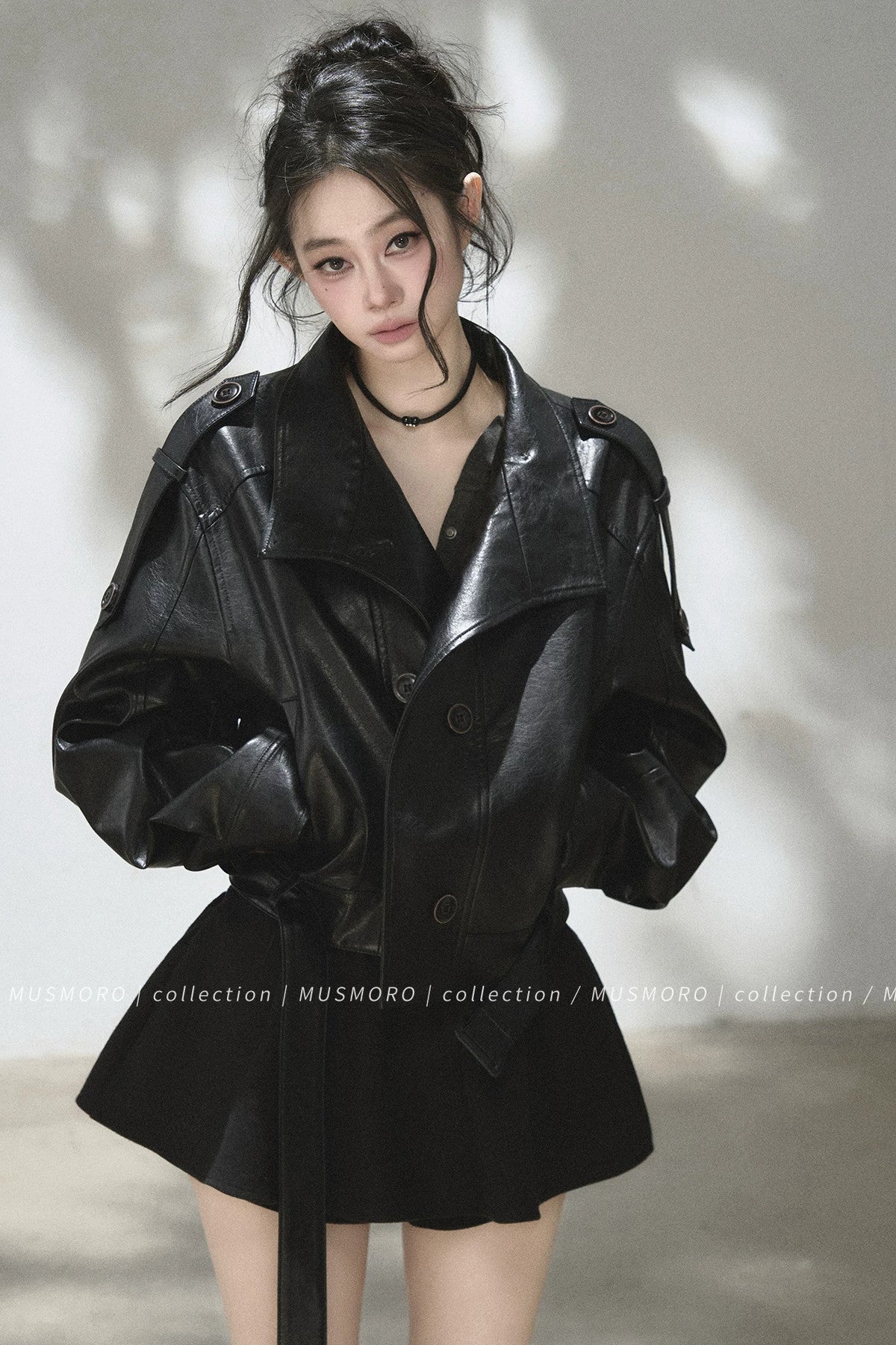 Double-Breasted Stand-Collar Leather Jacket